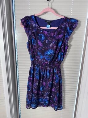 Forever 21 Purple & Blue Floral Ruffled Sleeve Dress